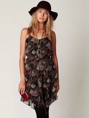 Free People Daisy Chain Chiffon Tiered Dress Black Combo Size 2